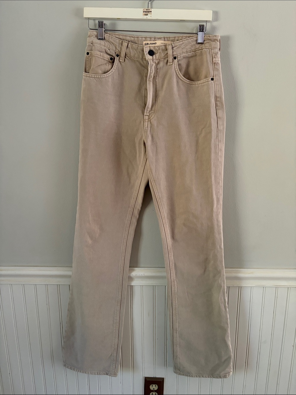 GRLFRND The Melanie High Rise Boot Cur Jeans in Beige Taupe Made in USA